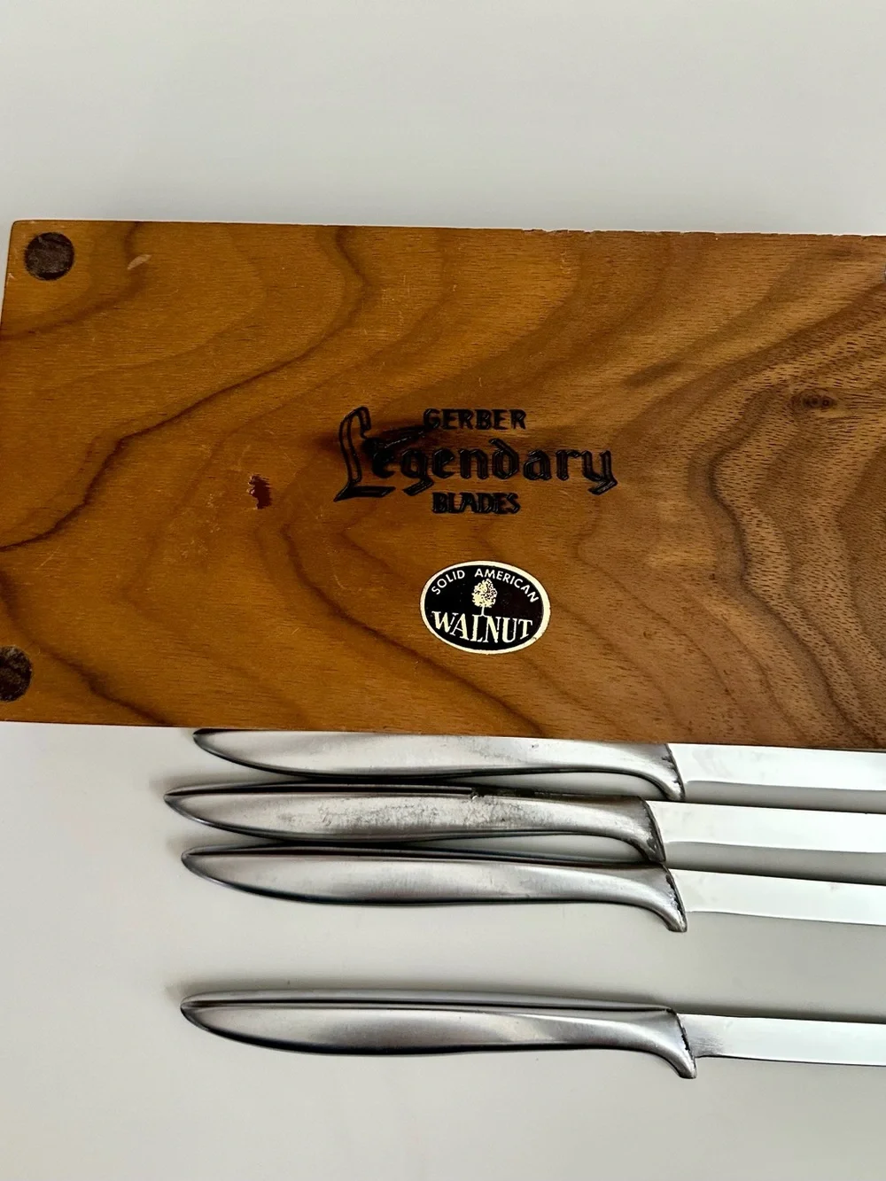 Vintage Gerber Miming Legendary Blades-Steak Knives-Set of 4-Original Walnut Box